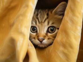 adorable kitten peeking out from behind a curtain AI Generative photo