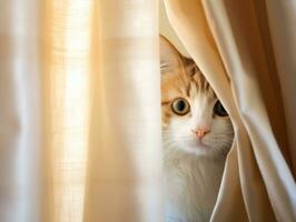adorable kitten peeking out from behind a curtain AI Generative photo