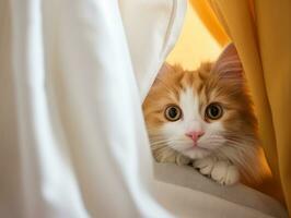 adorable kitten peeking out from behind a curtain AI Generative photo