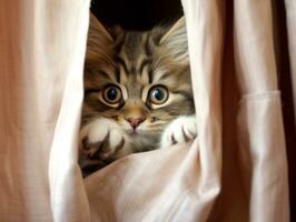 adorable kitten peeking out from behind a curtain AI Generative photo