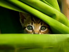 adorable gatito echar un vistazo fuera desde detrás un cortina ai generativo foto