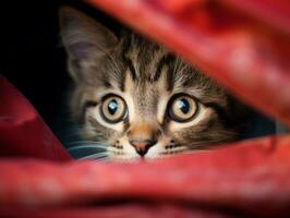 adorable gatito echar un vistazo fuera desde detrás un cortina ai generativo foto