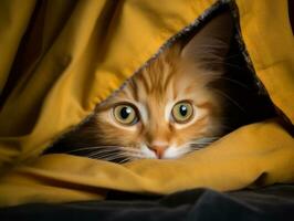adorable kitten peeking out from behind a curtain AI Generative photo