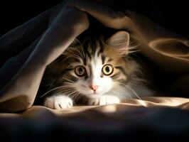 adorable kitten peeking out from behind a curtain AI Generative photo