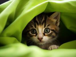 adorable kitten peeking out from behind a curtain AI Generative photo