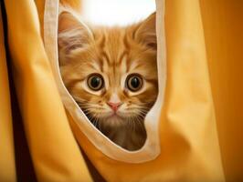 adorable kitten peeking out from behind a curtain AI Generative photo
