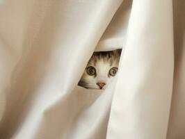 adorable kitten peeking out from behind a curtain AI Generative photo