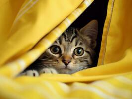 adorable kitten peeking out from behind a curtain AI Generative photo
