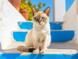 majestic cat with striking blue eyes sitting regally on a staircase AI Generative photo