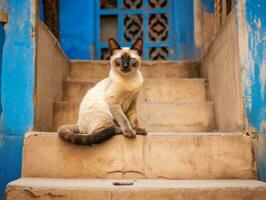 majestic cat with striking blue eyes sitting regally on a staircase AI Generative photo