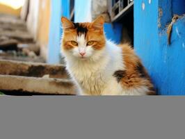 majestuoso gato con sorprendentes azul ojos sentado regiamente en un escalera ai generativo foto