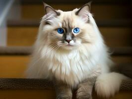 majestuoso gato con sorprendentes azul ojos sentado regiamente en un escalera ai generativo foto