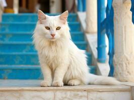 majestic cat with striking blue eyes sitting regally on a staircase AI Generative photo