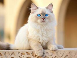 majestuoso gato con sorprendentes azul ojos sentado regiamente en un escalera ai generativo foto