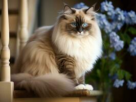 majestuoso gato con sorprendentes azul ojos sentado regiamente en un escalera ai generativo foto