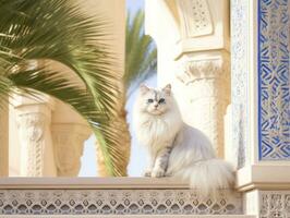 majestic cat with striking blue eyes sitting regally on a staircase AI Generative photo