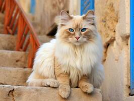 majestic cat with striking blue eyes sitting regally on a staircase AI Generative photo