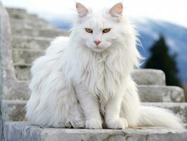 majestic cat with striking blue eyes sitting regally on a staircase AI Generative photo