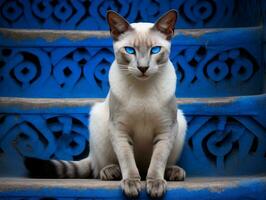 majestuoso gato con sorprendentes azul ojos sentado regiamente en un escalera ai generativo foto