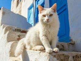 majestic cat with striking blue eyes sitting regally on a staircase AI Generative photo