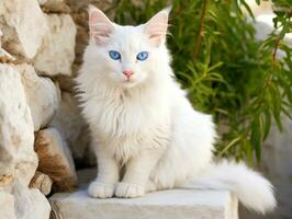 majestic cat with striking blue eyes sitting regally on a staircase AI Generative photo