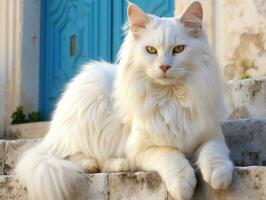 majestic cat with striking blue eyes sitting regally on a staircase AI Generative photo