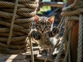 mischievous kitten playfully swatting at a dangling toy AI Generative photo