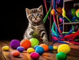 mischievous kitten playfully swatting at a dangling toy AI Generative photo