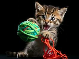 mischievous kitten playfully swatting at a dangling toy AI Generative photo