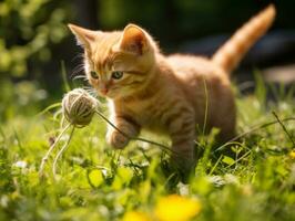 mischievous kitten playfully swatting at a dangling toy AI Generative photo