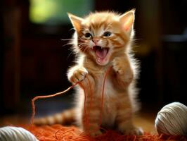 mischievous kitten playfully swatting at a dangling toy AI Generative photo