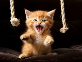 mischievous kitten playfully swatting at a dangling toy AI Generative photo