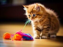 dañoso gatito en broma aplastar a un colgado juguete ai generativo foto