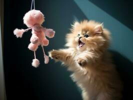 mischievous kitten playfully swatting at a dangling toy AI Generative photo