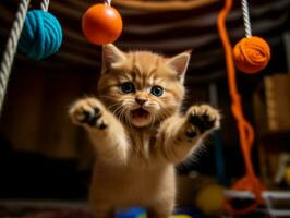 mischievous kitten playfully swatting at a dangling toy AI Generative photo