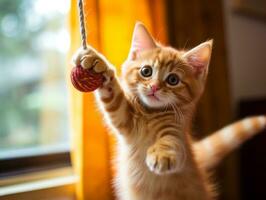 mischievous kitten playfully swatting at a dangling toy AI Generative photo