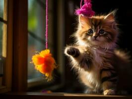 mischievous kitten playfully swatting at a dangling toy AI Generative photo