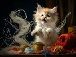 mischievous kitten playfully swatting at a dangling toy AI Generative photo