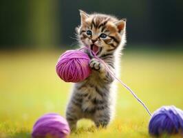 mischievous kitten playfully swatting at a dangling toy AI Generative photo