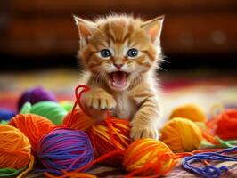mischievous kitten playfully swatting at a dangling toy AI Generative photo