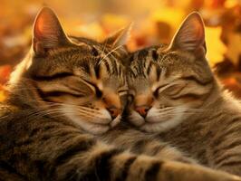 par de gatos abrazado arriba juntos compartiendo un calentar abrazo ai generativo foto