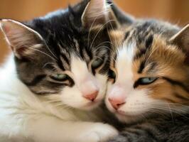 par de gatos abrazado arriba juntos compartiendo un calentar abrazo ai generativo foto