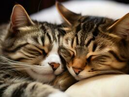 par de gatos abrazado arriba juntos compartiendo un calentar abrazo ai generativo foto