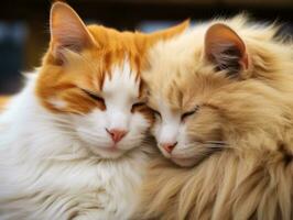 par de gatos abrazado arriba juntos compartiendo un calentar abrazo ai generativo foto