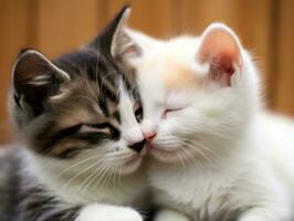 par de gatos abrazado arriba juntos compartiendo un calentar abrazo ai generativo foto