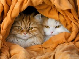 par de gatos abrazado arriba juntos compartiendo un calentar abrazo ai generativo foto