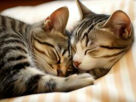 par de gatos abrazado arriba juntos compartiendo un calentar abrazo ai generativo foto