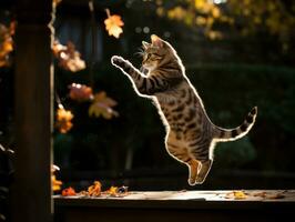 playful cat batting at falling autumn leaves in a sunlit garden AI Generative photo