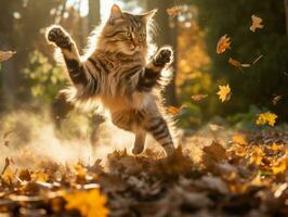 playful cat batting at falling autumn leaves in a sunlit garden AI Generative photo