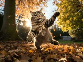 juguetón gato guata a que cae otoño hojas en un iluminado por el sol jardín ai generativo foto